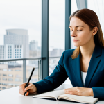 A professional woman in a modest business suit, sitting composedly at a sleek desk, journaling in a high-quality notebook. Her expression is thoughtful and serene. The background is a modern, minimalist office space with large windows revealing a calm, slightly overcast cityscape outside. Soft, natural light illuminates the scene, emphasizing a sense of inner peace and reflection. The image is a professional photograph, high detail, sharp focus, and vibrant colors, capturing an inspiring atmosphere of self-awareness and strength. fully clothed, modest clothing, appropriate attire, professional dress, perfect anatomy, correct proportions, natural pose, well-formed hands, proper finger count, natural body proportions, safe for work, appropriate content, professional, family-friendly.