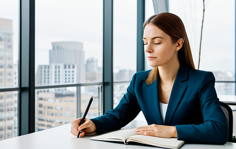A professional woman in a modest business suit, sitting composedly at a sleek desk, journaling in a high-quality notebook. Her expression is thoughtful and serene. The background is a modern, minimalist office space with large windows revealing a calm, slightly overcast cityscape outside. Soft, natural light illuminates the scene, emphasizing a sense of inner peace and reflection. The image is a professional photograph, high detail, sharp focus, and vibrant colors, capturing an inspiring atmosphere of self-awareness and strength. fully clothed, modest clothing, appropriate attire, professional dress, perfect anatomy, correct proportions, natural pose, well-formed hands, proper finger count, natural body proportions, safe for work, appropriate content, professional, family-friendly.