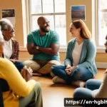 Home 13 회복탄력성 향상을 위한 외부 자원 탐색 - A diverse group of adults gathered in a cozy, sunlit community center room, sitting in a circle enga...