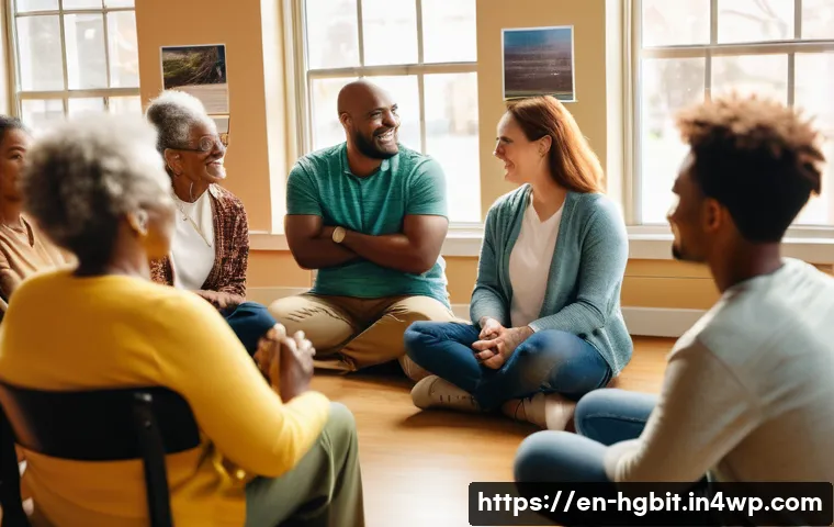 회복탄력성 향상을 위한 외부 자원 탐색 - A diverse group of adults gathered in a cozy, sunlit community center room, sitting in a circle enga...