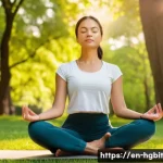 회복탄력성을 높이는 스트레스 리듀싱 기술 - A serene scene of a young adult woman practicing mindfulness meditation outdoors in a sunlit park du...
