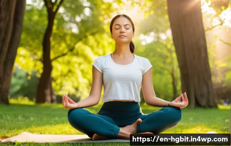 회복탄력성을 높이는 스트레스 리듀싱 기술 - A serene scene of a young adult woman practicing mindfulness meditation outdoors in a sunlit park du...