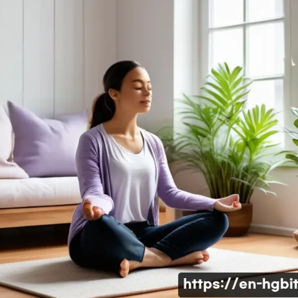 회복탄력성을 위한 스트레스 완화 기법 - A serene indoor scene featuring a young adult practicing mindful breathing in a cozy, minimalist liv...