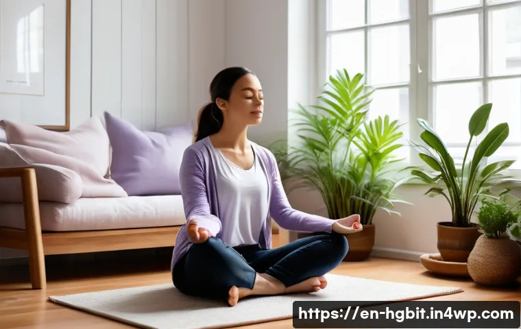 회복탄력성을 위한 스트레스 완화 기법 - A serene indoor scene featuring a young adult practicing mindful breathing in a cozy, minimalist liv...