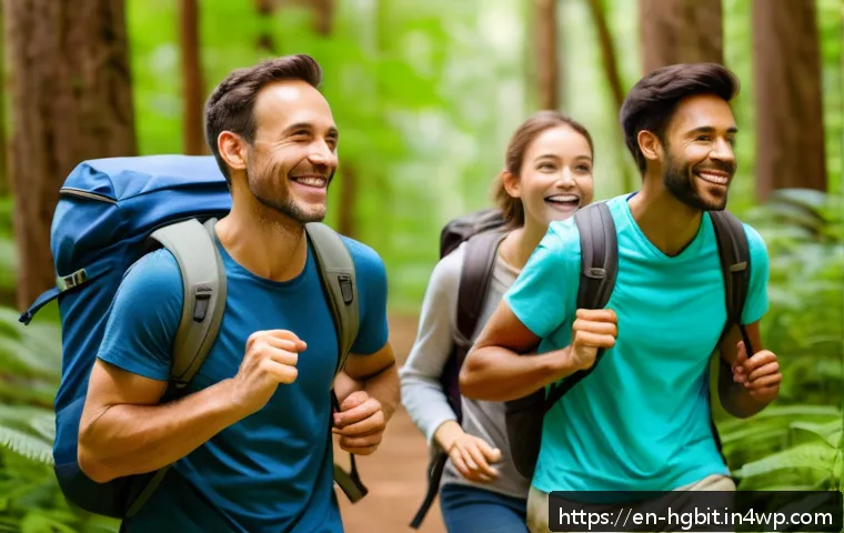 회복탄력성 향상을 위한 사회적 네트워킹 - A diverse group of adults engaging in a joyful outdoor group activity such as hiking in a lush fores...