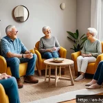 Home 22 회복탄력성을 증진하는 사회적 지원 - A warm, inviting scene of a diverse group of adults and seniors gathered in a cozy living room for a...