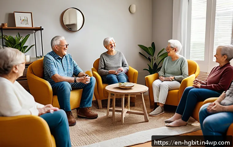 회복탄력성을 증진하는 사회적 지원 - A warm, inviting scene of a diverse group of adults and seniors gathered in a cozy living room for a...