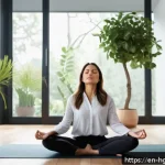 Home 21 회복탄력성과 성공적인 직장생활 - A modern home office scene showing a professional mid-30s woman practicing mindfulness during a brea...
