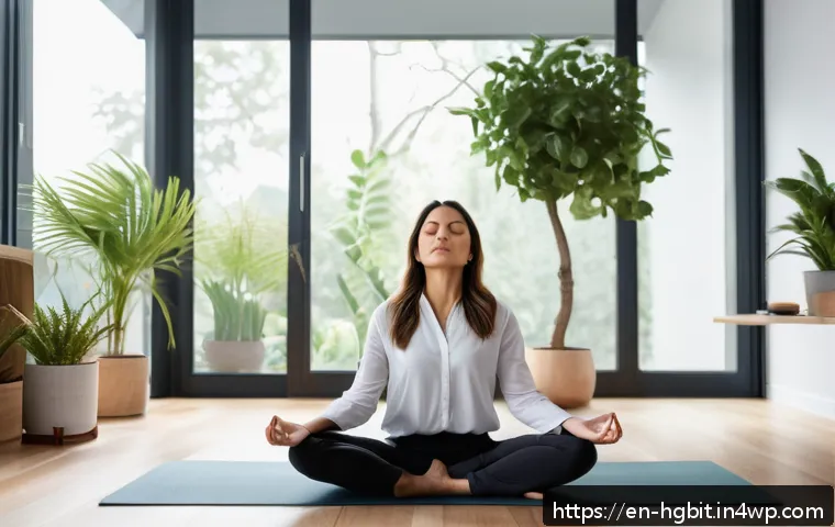 회복탄력성과 성공적인 직장생활 - A modern home office scene showing a professional mid-30s woman practicing mindfulness during a brea...