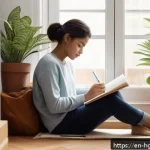 Home 20 회복탄력성과 목표 지향적 태도의 중요성 - A serene morning scene showing a young adult sitting cross-legged on a cozy bedroom floor, journalin...
