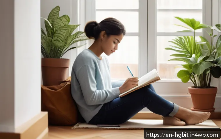 회복탄력성과 목표 지향적 태도의 중요성 - A serene morning scene showing a young adult sitting cross-legged on a cozy bedroom floor, journalin...