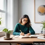 Home 19 회복탄력성을 위한 적절한 도움 요청하기 - A serene and cozy home office scene showing a young professional woman sitting at her desk with a jo...