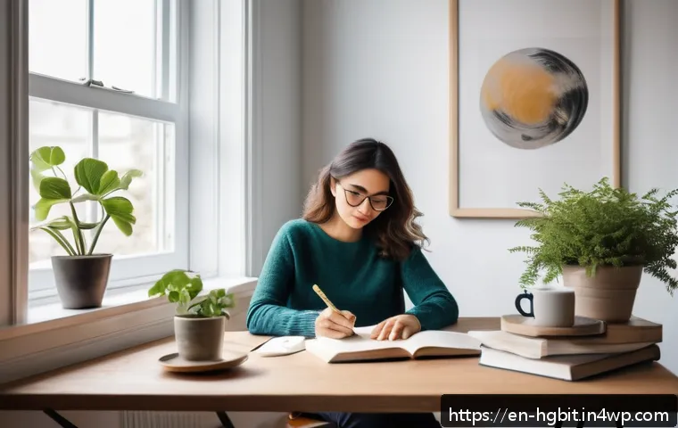 회복탄력성을 위한 적절한 도움 요청하기 - A serene and cozy home office scene showing a young professional woman sitting at her desk with a jo...
