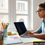 Home 18 회복탄력성을 높이기 위한 자원 관리 - A focused young professional sitting at a modern desk in a bright, cozy home office, surrounded by o...