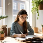 Home 23 회복탄력성과 인내심의 상관관계 - A serene, sunlit home office scene showing a young professional woman sitting calmly at her desk, jo...