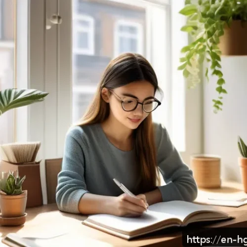 Home 17 회복탄력성과 인내심의 상관관계 - A serene, sunlit home office scene showing a young professional woman sitting calmly at her desk, jo...