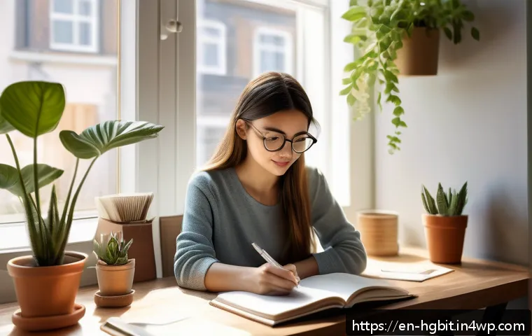 회복탄력성과 인내심의 상관관계 - A serene, sunlit home office scene showing a young professional woman sitting calmly at her desk, jo...