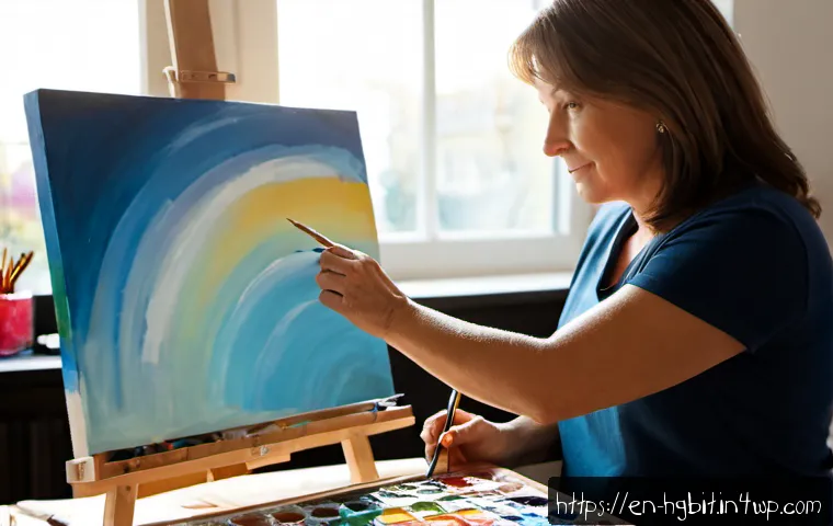 Home 17 회복탄력성을 높이는 창의적 활동 - Photorealistic lifestyle scene of a middle-aged woman rebuilding resilience through creative paintin...