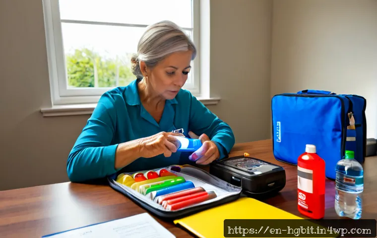 위기 대처 능력 강화 전략 - Photorealistic emergency preparedness scene in a bright modern home office, calm middle-aged woman r...