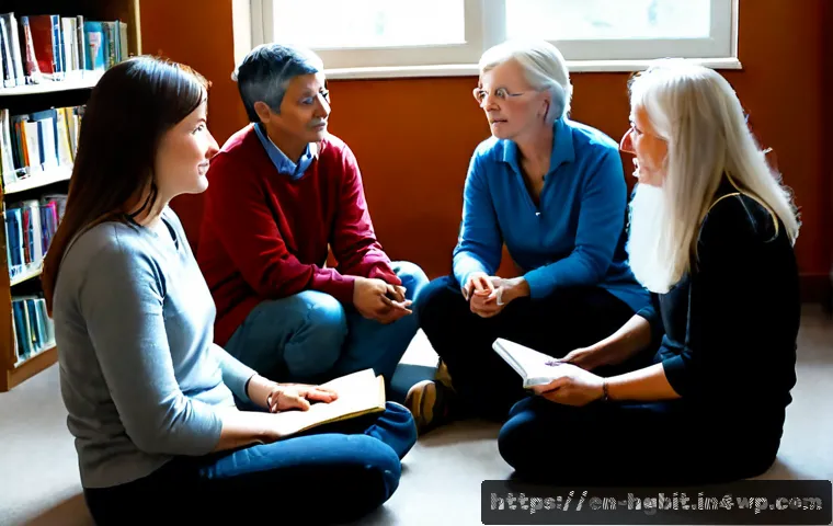 회복탄력성을 위한 지속적인 경험 공유 - Photorealistic community support circle in a bright neighborhood library, diverse adults of differen...